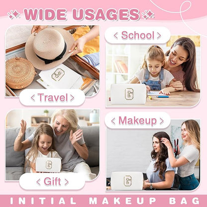 Small Initial Patch Makeup Bag Personalized Gifts Make Up Bag,White Cute PU Leather Glitter Letter Cosmetic Bag with Zipper,Trendy Portable Travel Toiletry Pouch,Preppy Stuff for Teen Girls Women G