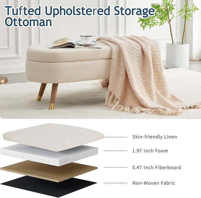IAFIKE Oval Storage Bench 43.5" Ottoman Bench Upholstered Boucle Fabric Footrest Bench with Golden Metal Legs End of Bed for Bedroom, Living Room, Entryway,Bed Side (Beige)