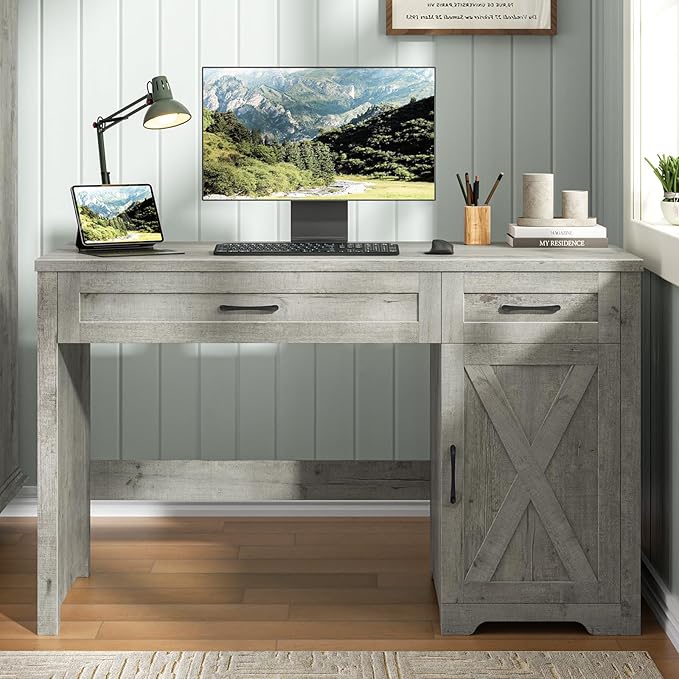 Vabches Farmhouse 47" Executive Desk,Computer Desk with Drawers and Storage Cabinet, Home Office Desk for Work and Study.Grey