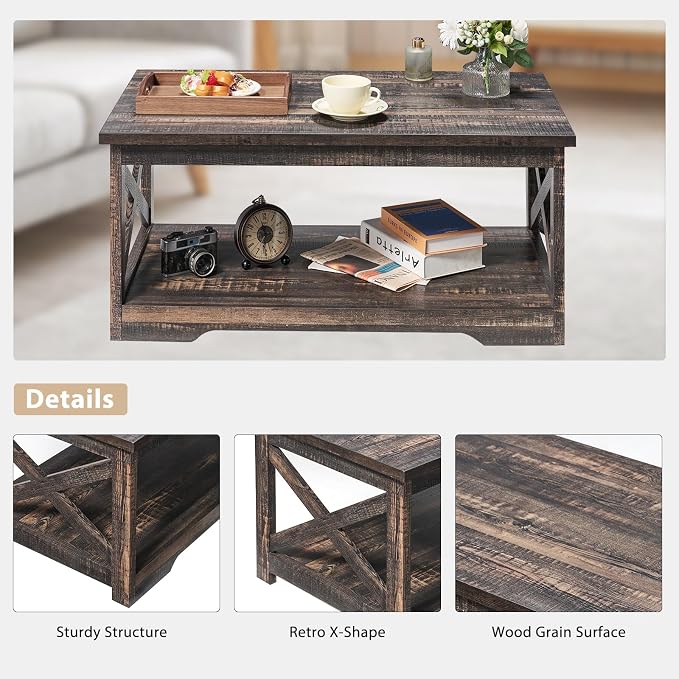 AMERLIFE 3-Piece Farmhouse Table Set Includes Coffee Table& Two End Tables, Side Table with Charging Station and USB Ports, for Living Room, Dark Oak