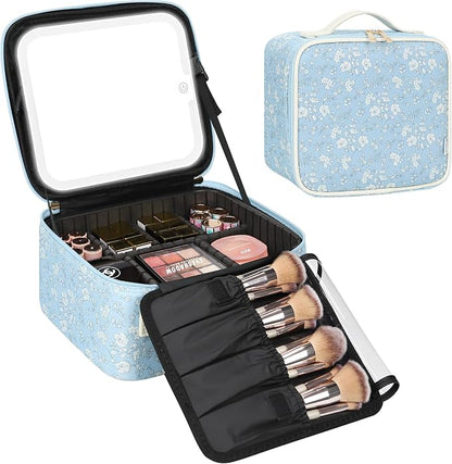Relavel Travel Makeup Bag With LED Mirror for Women, Cosmetic Organizer Bag with Adjustable Brightness in 3 Color Scenarios, Detachable Dividers, Waterproof Train Case for Daily - White Flower