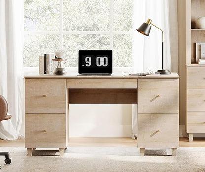 WAMPAT Executive Desk with 4 Deep Drawers, 58 Inch Modern Wooden Office Desk with Charging Station & Keyboard Tray, Home Office Large Computer Desk, Work & Study Writing Desk, Light Oak