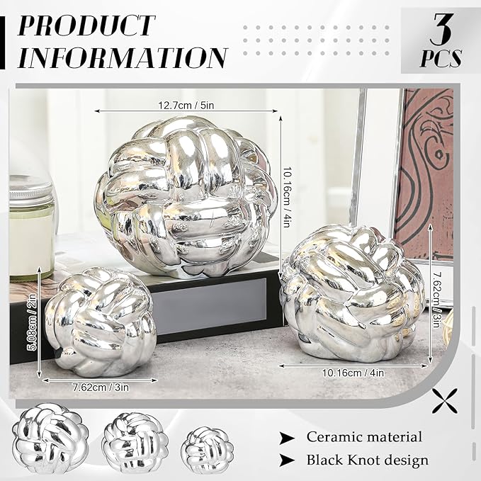 Wenqik 3 Pcs Knot Decor, Link Coffee Table Bookshelf Decor Accents, Ceramic Decorative Objects, Modern Home Minimalist Book Shelf Aesthetic Decoration, 3 Sizes(Silver)