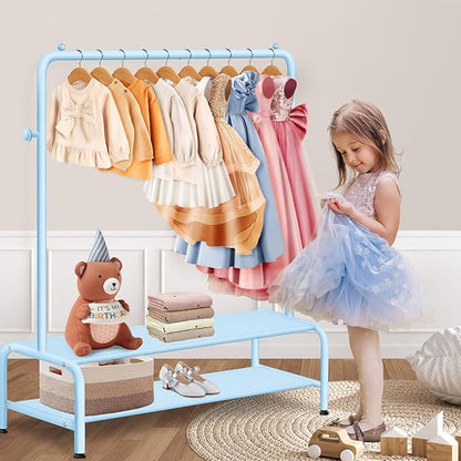 Kids Clothing Rack - Dress Up Clothes Storage Racks - Modern Wardrobe - Small Kids Costume Wardrobe Rack with 2 Fabric Floors Storage Shelf -Blue Dresser for Kids Bedroom