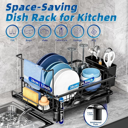 Dish Drying Rack, Stainless Steel-Dish Rack, Dish Racks for Kitchen Counter, Kitchen Dish Drainers with Removable Utensil Holder,New drain outlet,Plate Rack and Drainboard,(Black2 with Sponge Rack )