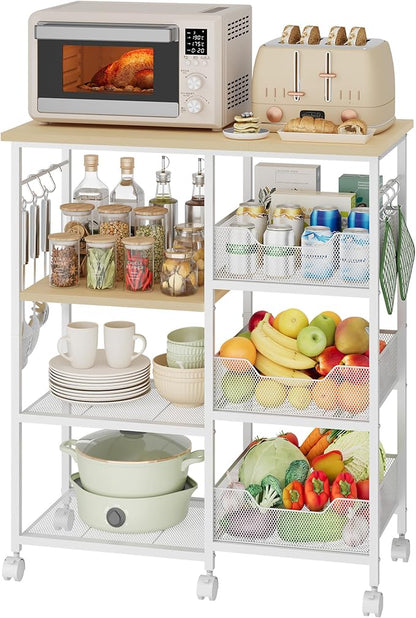 HapiRm Rolling Kitchen Carts with Storage - Microwave Table Stand with 6 Hooks & 3 Baskets, kitchen Island Cart on Lockable Wheels, 28.3" L × 14.6" W Bakers Rack Cart for Dining Room Coffee Bar Office