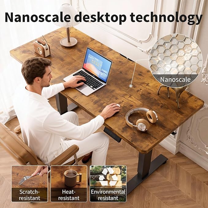 Veken 55 Inch Large Electric Standing Desk, Heights Adjustable, Sit to Stand Up, Work Home Office Computer Table for Study, Walking Pad, Writing, and Games, Wooden Desktop Desks, Brown