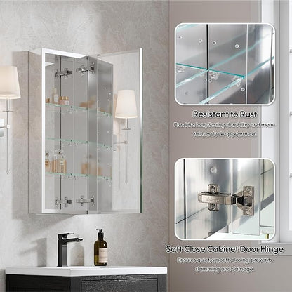 WELLFOR 12" x 30" Bathroom Medicine Cabinet, Anodized Chrome Aluminum Frame, Medicine Cabinet with Adjustable Glass Shelves, Bathroom Cabinet with Reverse Door Installation, Surface or Recessed Mount