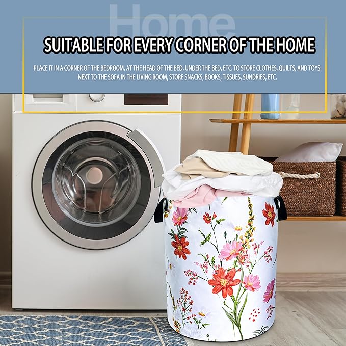NUTAINLA Beautiful Flowers Laundry Basket Pink Red Floral Foldable Oxford Cloth Funny Tote Bag Laundry Hamper Clothes Storage Bucket Toy Organizer For Bathroom/Laundry Storage/Bedroom 18.9x16.5 Inch