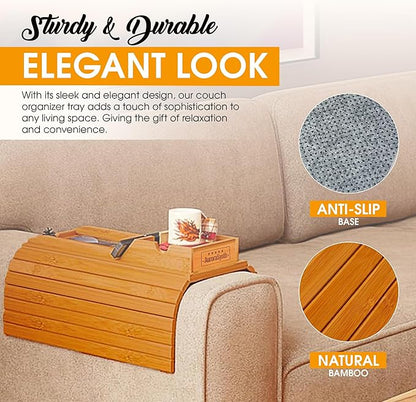 Couch Cup Holder Tray with 2 Cork Coasters, Couch Arm Tray, 2 in 1 Anti-Slip Foldable Sofa Arm Tray, Couch Armrest Table, Anti-Spill Couch Arm Table for Drinks TV Remote Cellphone Snacks (Mahogany)