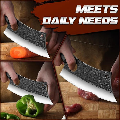 ROCOCO Meat Cleaver Butcher Knife - Sharp Full Tang Knife with Sheath for Home Outdoor BBQ Camping Mother Father Gift Idea Men Black 6.3"