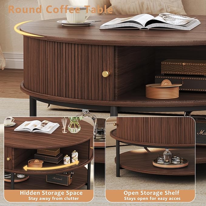 HUAHUU 31.5" Round Coffee Table with Storage, Mid Century Modern Coffee Table with Sliding Cabinet Door, Round Metal Legs, 3-Tier Small Round Coffee Tables for Living Room, Walnut