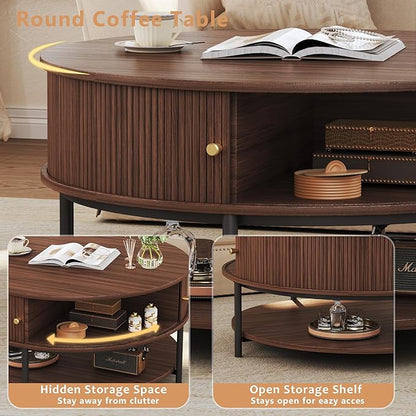 HUAHUU 31.5" Round Coffee Table with Storage, Mid Century Modern Coffee Table with Sliding Cabinet Door, Round Metal Legs, 3-Tier Small Round Coffee Tables for Living Room, Walnut