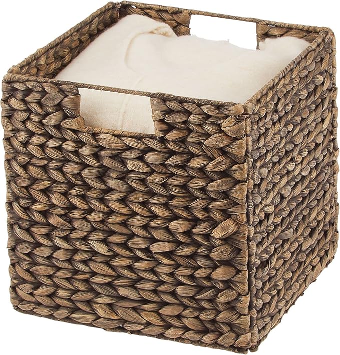 mDesign Natural Woven Hyacinth Cube Organizer Basket with Handles, Storage for Bathroom, Laundry Room Shelf or Nursery - Perfect for Cubby Storage Units - Hold Blankets and Books - 2 Pack, Brown Wash