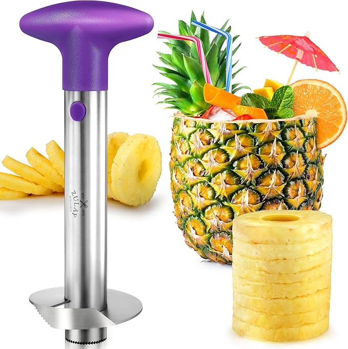 Zulay Kitchen Pineapple Corer and Slicer Tool – Stainless Steel Pineapple Cutter with Eye Remover Tool – Ergonomic Handle & Easy Core Remover – Reinforced Heavy-Duty Blade – Purple