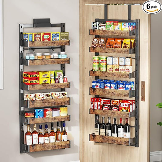 6-Tier Over The Door Pantry Organizer, Heavy-Duty Metal Wall Mount or Hanging Spice Rack, behind the door storage Shelves with Adjustable Basket, Back of Door Organizer for Kitchen Cabinet and Closet