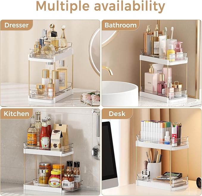 2 Tier Bathroom Counter Organizer, Removable Clear Tray Vanity Shelf for Makeup, Perfume, Skincare,Slide out Cosmetics Countertop Storage Rack for Bathroom Dresser，White