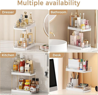 2 Tier Bathroom Counter Organizer, Removable Clear Tray Vanity Shelf for Makeup, Perfume, Skincare,Slide out Cosmetics Countertop Storage Rack for Bathroom Dresser，White