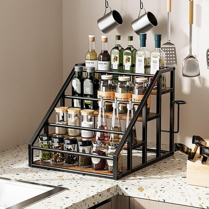 Coffee Syrup Rack Organizer, Spice Racks, Syrup Bottle Holder Stand for Coffee Bar, 4-Tier 16 Bottles Storage Shelves for Syrup, Wine, Dressing for Kitchen Countertop, Rustic Brown & Black