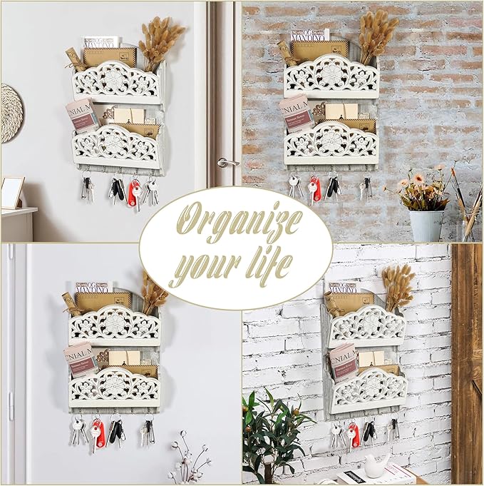 Key and Mail Holder for Wall, 2-Slot Mail Organizer Wall Mount with 5 Key Hooks, Wooden Key Hangers Wall File Organizer Letter Sorter, Key Rack for Entryway and Home Decor,Extra Wide (Extra Large)