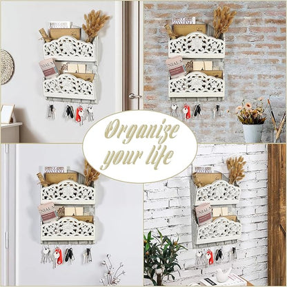 Key and Mail Holder for Wall, 2-Slot Mail Organizer Wall Mount with 5 Key Hooks, Wooden Key Hangers Wall File Organizer Letter Sorter, Key Rack for Entryway and Home Decor,Extra Wide (Extra Large)