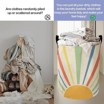 Boho Colored Sun Laundry Basket-Large Foldable Hamper Holder Portable Tall Collapsible Laundry Hamper Storage Basket Bin with Handles, Canvas & Waterproof lining for Household Items