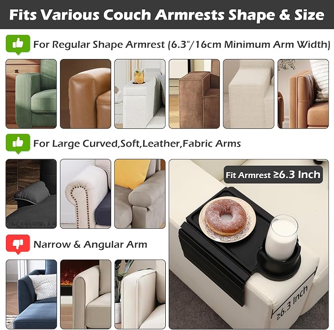 GHKINMAL Couch Cup Holder Tray, 3 in 1 Large Couch Arm Trays,Bamboo Chair Clip on Tray with 360° Ratated Phone Holder for Couch,Armrest Tray for Snacks,Remote,Phone