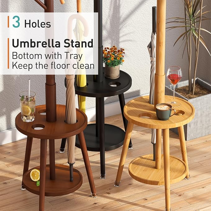 Coat Rack, Bamboo Wood Coat Freestanding with Umbrella Holder, Adjustable Height Coat Stand with 8 Hooks, kids coat rack, Used In The Bedroom Living Room, Office To Hang Clothes, Hats, Bags (Natural)