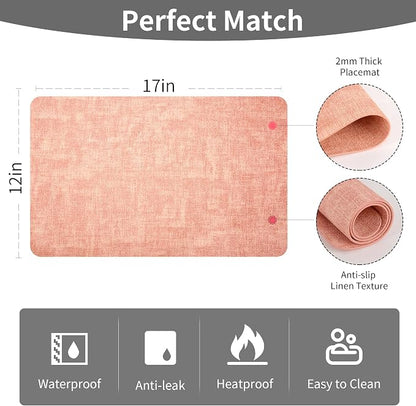 Maxpearl Faux Leather Placemats Set of 4 - Waterproof - Wipe Clean - Heat Resistant - Anti Slip Dining Table Place Mats, Suitable for Indoor & Outdoor Use, 17’’×12’’, Peachy Pink