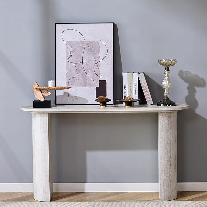 55" Console Table for Entryway, Narrow Sofa Entrance Table with Faux Mars Marble Pattern, Modern Sofa Tables with Rounded Curved Edges for Living Room, Hallway, Foyer, Home Office, Beige