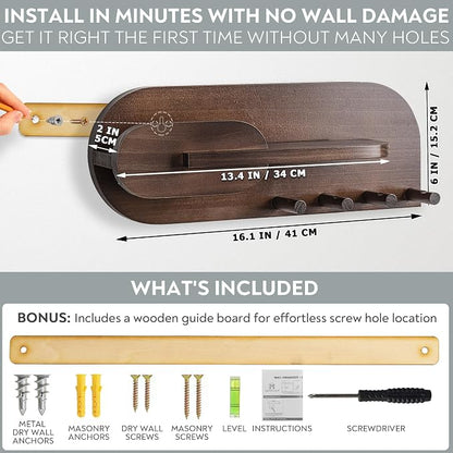 Solid Wood Mail and Key Holder for Wall Decorative Display - Includes Mail Holder, Shelf with Hooks for Keys & Pegs for Hanging Hats, Coats, Bags, Backpacks & More - Sleek Modern Design, Walnut Brown
