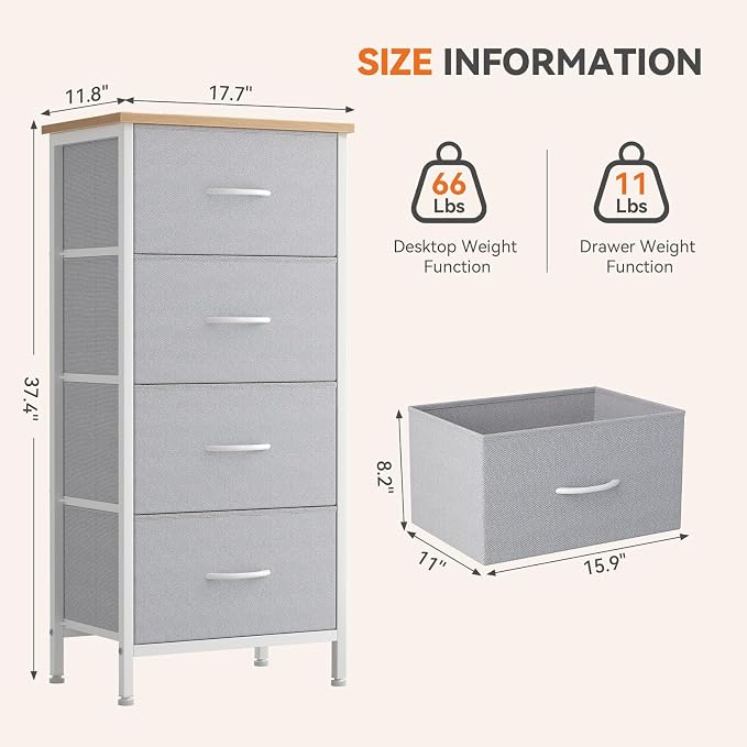 Sweetcrispy 4 Drawer Fabric Dresser Storage Tower Nightstand Chest | Small bedroom dresser and nightstand with sturdy frame,Perfect for closet,entryway,dorm,Easy assembly,Light Gray
