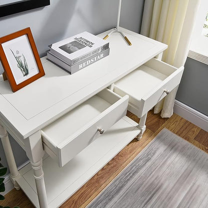 Solid Wood Console Table with 2 Drawers, 2-Tier 35.4" X 30" Accent Sofa Table with Multilayer Storage Shelf Rustic Hall Entryway Tables for Living Room Home Office-Ivory White
