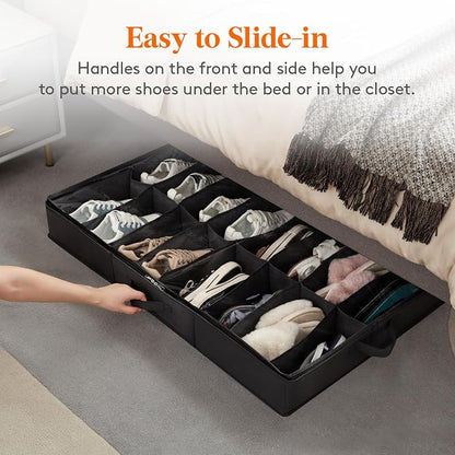 Lifewit Under Bed Shoe Storage Organizer 2 Pack(16 Shoes Cells+4 Boots Cells), 4.3 Inches Profile Fabric Shoes Container Box with Clear Cover, Foldable Storage Bag with 2 Handles, Fits 24 to 40 Pairs