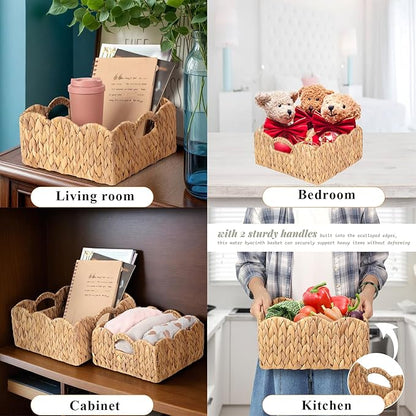 Scalloped Baskets (Natural-Set of 2) Basket Living Room Organizer, Water Hyacinth Baskets For Decor, Woven Basket for Bathroom, Bedroom, Laundry. Hyacinth Storage Basket with Built-in Handles