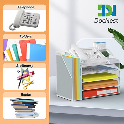 DocNest 5 Tier Paper Letter Tray File Organizer, Mesh Desk File with Handle, Workspace Desk Organizers with Pen Holder, Office Organization Storage Accessories - White