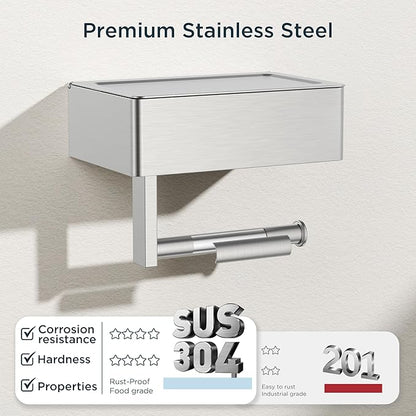 FORIOUS Toilet Paper Holder with Shelf, Sanitary Napkin Receptacle Tampon Holder, Wall Mount Toilet Paper Holder with Storage, Flushable Wipes Dispenser Fits for Bathroom Commercial(1, Brushed Nickel)