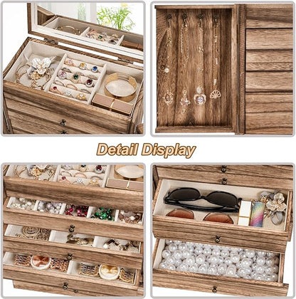 Emfogo Wooden Jewelry Box for Women, 6-Tier Large Jewelry Organizer Boxes with Mirror Rustic Solid Wood jewlery Storage Display for Rings Earrings Necklaces Bracelets watches(Carbonized Black)