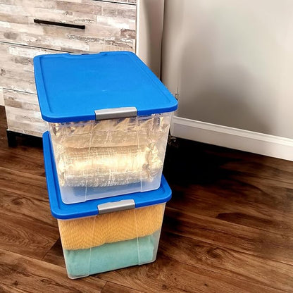 HOMZ Clear Plastic Storage Bins with Snaplock Secure Latching Lids | Easy Grip Handles | Stackable & Nestable Organizing Totes | Blue Lid | 64 Quart, Pack of 2