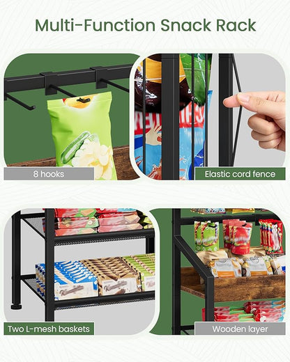 CHOEZON Snack Organizer for Countertop with Elastic Band Storage Basket, 3-in-1 Snack Display Rack with 8 Hooks & Chalkboard, Candy Holder Stand for Store, Party, Rustic Brown and Black TCJ82BF