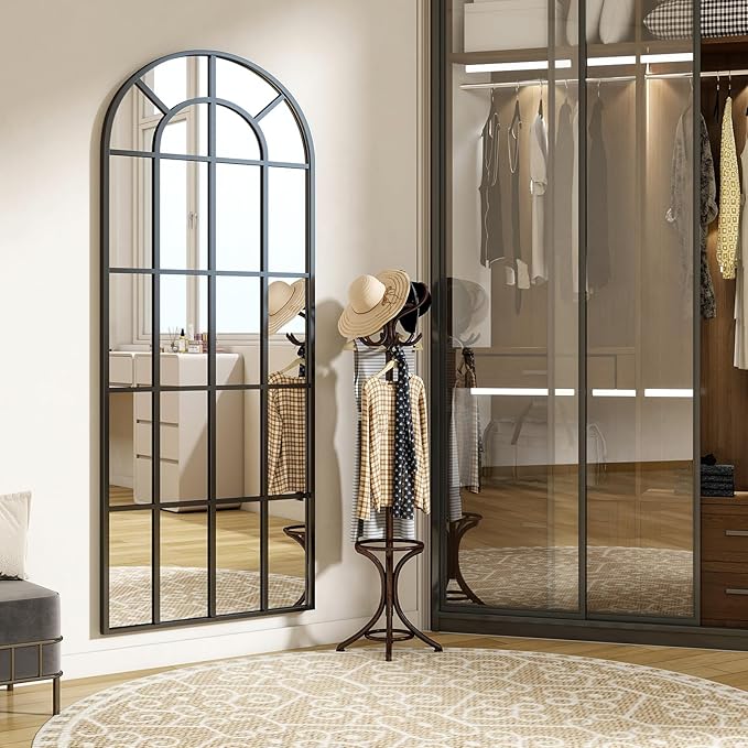 24"×65" Windowpane Arched Full Length Mirror, Grid-Designed Decorative Farmehouse Full Body Floor Mirror with Metal Frame Hanging Leaning for Entryway, Living Room, Home Decor, Black