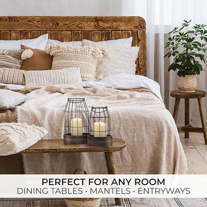 Rustic Farmhouse Lantern Decor Set of 2 - Stylish Decorative Lanterns for Your Living Room, Fireplace Mantle or Kitchen Dining Table - Modern Indoor/Outdoor Coffee Table Decor for Your Entire Home