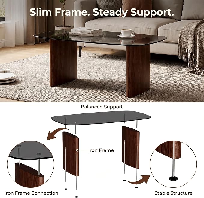 Modern Glass Coffee Table, Coffee Table for Living Room,Tempered Glass-top with Sturdy Wooden Base, Modern Coffee Tables for Small Space, Apartment, Office, Minimalist Design (Walnut)