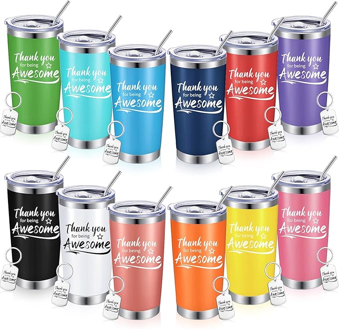 Sieral 24 Pieces Thank You for Being Awesome Tumbler, Thank You Supplies for Women Men 20oz Insulated Stainless Steel Travel Tumbler with Lid and Straw Appreciation Gift with Keychain (Multicolor)