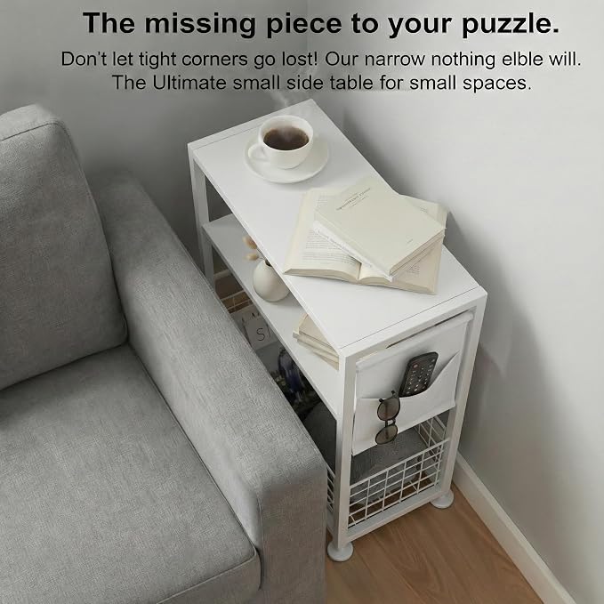 Skinny Side Table with Storage, 3 Tier Slim Side Tables for Small Spaces, Skinny End Table Narrow Bedside Table Narrow Side Table for Living Room, Bedroom