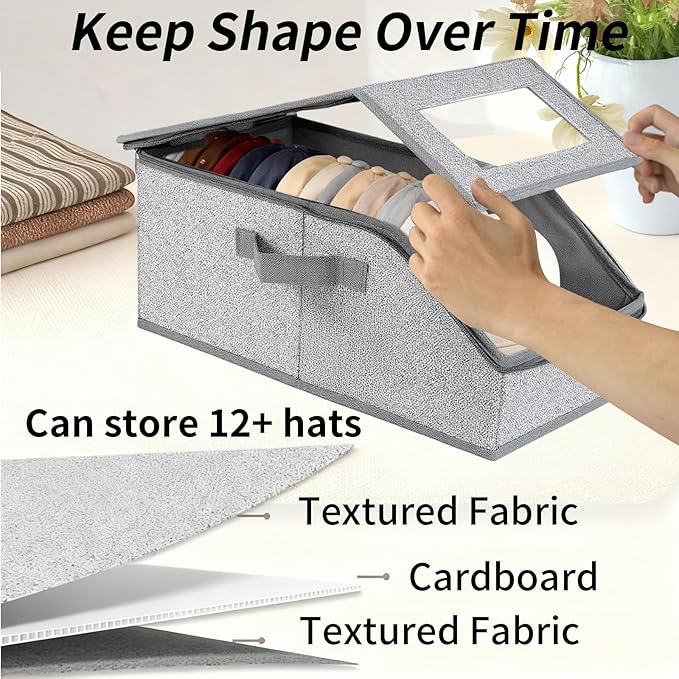 2 PCS Hat Organizer, Stackable Hat Storage for Closet, Breathable Fabric, for Women & Men Hat Boxes (Grey)