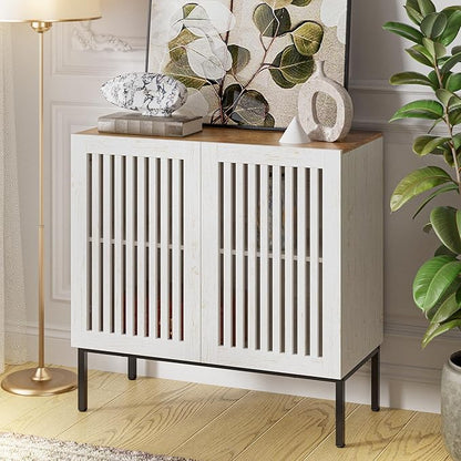 31.5" Farmhouse Buffet Cabinet with Metal Base, Adjustable Shelf & 2 Doors, Antique White Storage Sideboard for Kitchen, Dining & Living Room