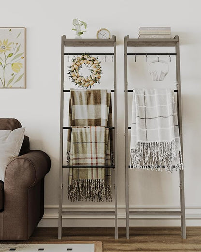Hzuaneri Blanket Ladder Shelf, Decorative Quilt Rack, 6-Tier Farmhouse Ladder Holder Organizer with 4 Removable Hooks 7.9" D x 17.3" W x 63.4" H, Greige BR35805B