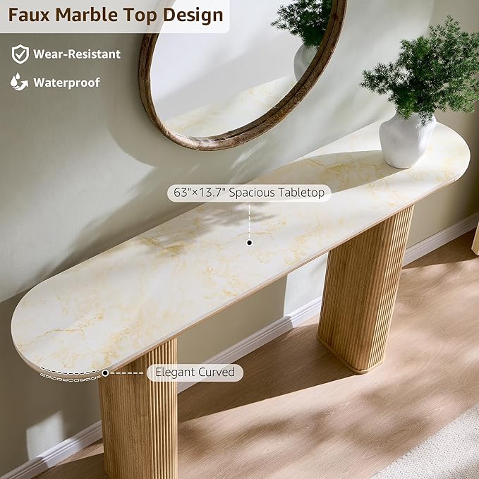OKD 63 Inch Modern Console Table with Arc Faux Marble Texture Top, Fluted Wood Base, Contemporary Entryway Sofa Table for Living Room, Hallway, Foyer, Natural Oak