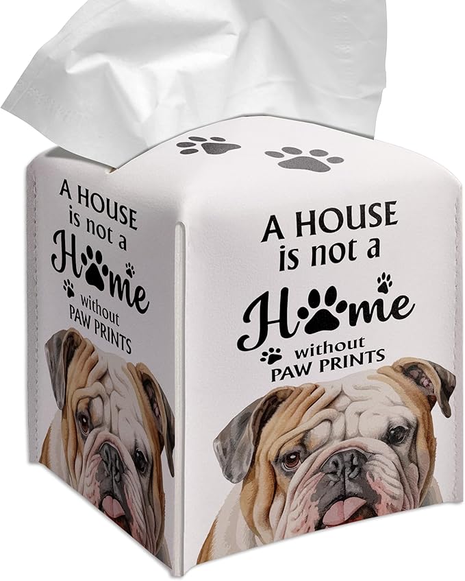Grace Yonks Cute Bulldog Tissue Box Cover Square, Bulldog Dog Cube Case for Facial Tissues, 5.2" PU Leather(030)